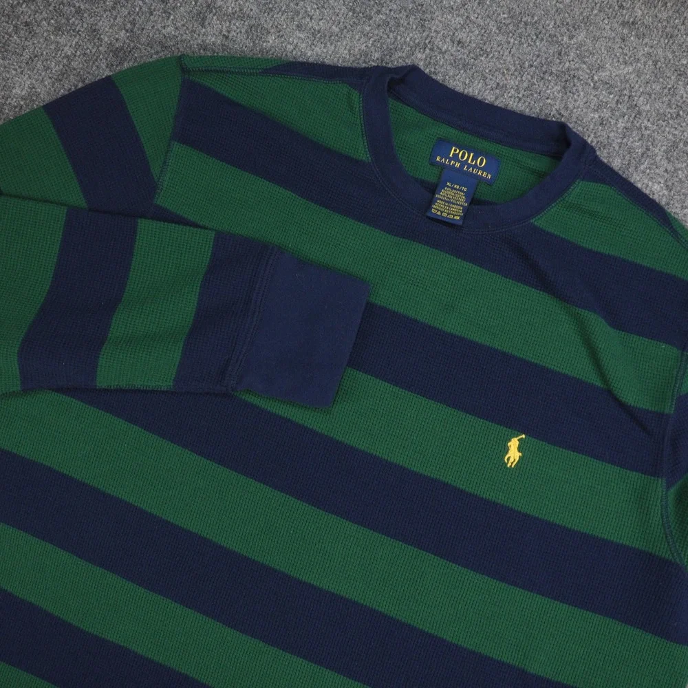 Polo Ralph Lauren Waffle Knit Men XL Green Blue Striped Thermal Crewneck Sweater